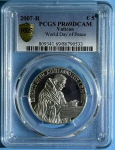 バチカン市国 イタリア 2007-R シルバー 5ユーロ プルーフ 平和の日 トップポップ PCGS PR69DCAM