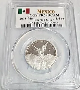 2018年-月 メキシコ 1/4オンザ .999 純銀 プルーフ リベルタッド PCGS PR 69 DCAM PF J416