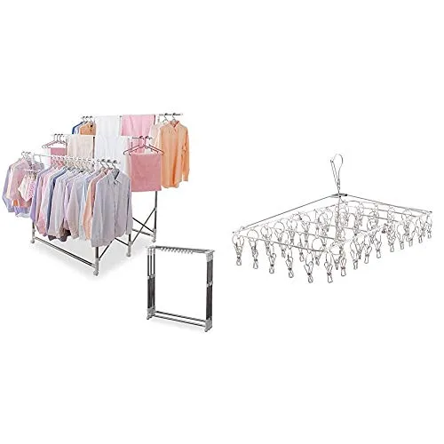 【セット品】アイリスオーヤマ伸縮万能物干し 約5人用 ハンガーストッパー・キャスター付き 折りたためる H-MS3S + ピンチハンガー 50ピンチ ステンレス 回転式 PIH-50SH