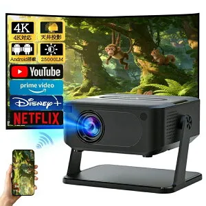 小型 家庭用 天井投影 スマホと繋げる ホームシアター 1080P&4K対応 自動台形補正 25000LM高輝度 Netflix/YouTube android搭載