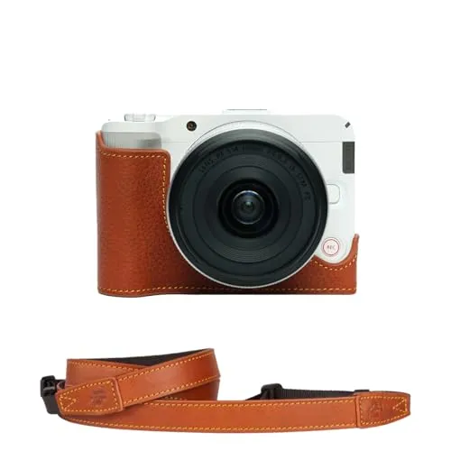 TP Original Canon EOS R50 V 専用 ハンドメイド+15カメラストラップ 本革 ボディケース ハーフカメラケース バッグ カバー 電池交換便利 底面開閉 手作り 専用対応カメラカバー (赤茶色)