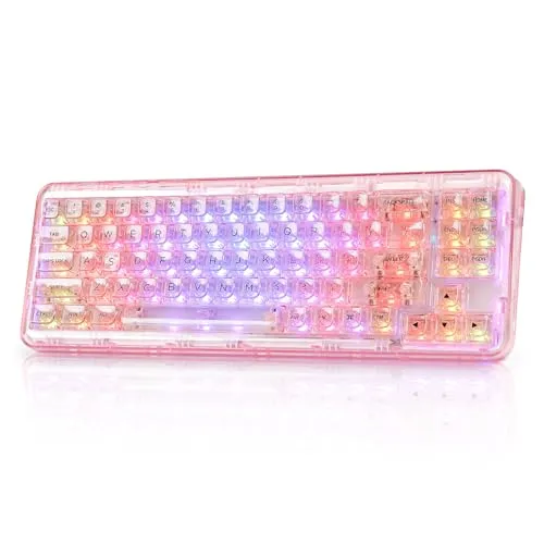 YUNZII X71 メカニカルゲーミングキーボード 透明キーキャップ 71キー 68%配列 ワイヤレス ホットスワップ対応 BT5.0/2.4G/USB-C ガスケット搭載 RGB 無線 Windows/Mac用 技適認証取得（クリスタルアイス軸、ピンク