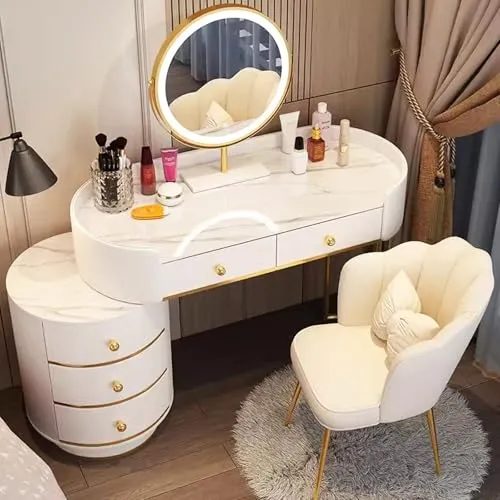 ドレッサー ドレッサーテーブル dressing table with mirror 引き出し付き大型化粧台セット モダンな焼結大理石トップ タッチスクリーン HD ミラー 5 つの引き出し付き化粧台セット(White)