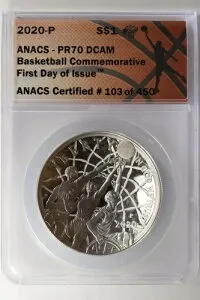 2020-P バスケットボール記念 シルバープルーフドル ANACS PR70 DCAM ディープカメオ