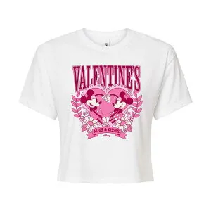 ディズニー レディース トップス Tシャツ クロップド Disney's Mickey & Minnie Mouse Juniors' Valentine's Hugs & Kisses Cropped Tee White ホワイト