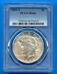 1922 S PCGS MS61 ピース シルバー ダラー $1 米国造幣局コイン 1922-S MS-61 ブラスト ホワイト