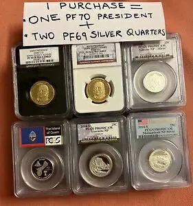 1 回の購入 = 1 プレジデント NGC PF70 ウルトラ カメオ + 2 シルバー クォーター PCGS PR69DCAM
