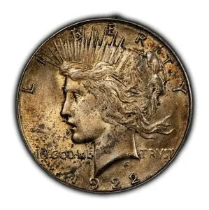 1922-S 1ドル銀貨 ピースダラー - 光沢仕上げ - 厚い緑青 - SKU-D6092