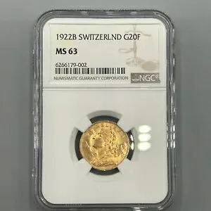 金貨 スイス 20 フラン 1922 B ベルン ヘルヴェティア オリジナル NGC MS63