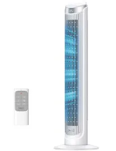 DREOタワーファン扇風機静音28dB左右90°自動首振りパワフル送風最大8m/s4段階風量リモコン付き8時間タイマー羽なし寝室夜用向けホワイト