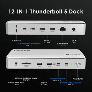 WAVLINK Thunderbolt 5 ドッキングステーション 最大120Gbps 高速転送 140W急速PD充電 8K144Hz/6K60Hz映像出力対応 12ポート拡張 USB-A×4 10Gbps対応 SDカード UHS-II LANポート搭載 Mac Windows対応 高性能USB-Cドック