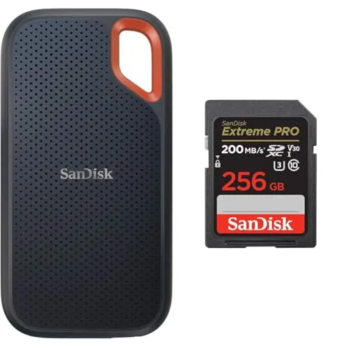 【セット買い】【Amazon.co.jp限定】SanDisk SSD 外付け 1TB USB3.2Gen2 読出最大1050MB/秒 防滴防塵 SDSSDE61-1T00-GH25 エクストリーム + 【 サンディスク 正規品 】SDカード 256GB S