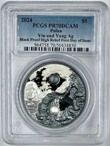 2024年パラオ銀貨 1オンス 5ドル Yin & Yang PCGS ブラックプルーフ PR70DCAM 発行初日