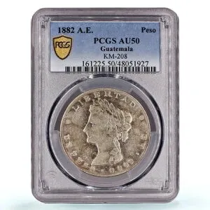 グアテマラ 1ペソ リベルタッド桂冠付き頭 KM-208 AU50 PCGS 銀貨 1882 AE