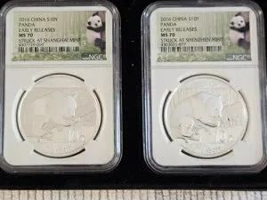 2016年 中国 S10Y 早期リリース、コイン2枚セット、2オンス .999 シルバーパンダメダル MS70