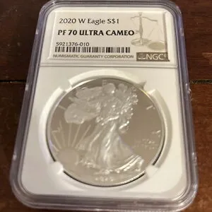 2020-W 1オンス プルーフシルバー アメリカンイーグル 1ドルコイン NGC PF70 UC ブラウンラベル