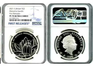 2021 2PD イギリス 1オンス シルバー プルーフ マハトマ・ガンジー NGC PF70 FR 箱付き COA