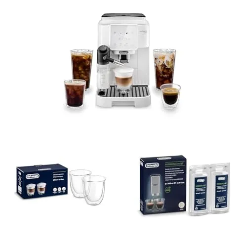 【セット買い】De’Longhi (デロンギ) 全自動コーヒーマシン マグニフィカスタート ECAM22062W 全4メニュー ラテクレマシステム マイラテ機能 自動ミルクフロッサー [ホワイト] + ダブルウォールグラス DWG2S-190 190ml(