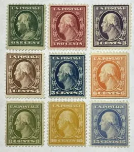 US #331-338, 340 1908-09 1c-10, 15c ウォッシュ dblwmk MH、$450 SCV