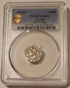 リヴォニア（ラトビア）ジグムント3世ヴァーサ 1619年 シルバーシリング リガミント MS62 PCGS