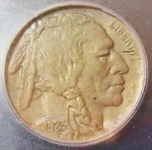 1923-S バッファロー ニッケル 5C。 ICG AU55。