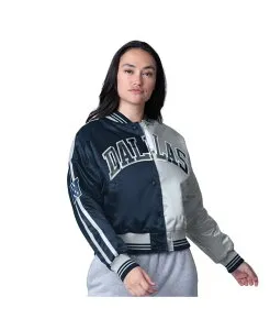 スターター レディース アウター ジャケット・ブルゾン サテン クロップド ジャケット Starter Women's Navy/Silver Dallas Cowboys Zone Blitz Cropped Full-Snap Satin Jacket Navy Silver ネイビー