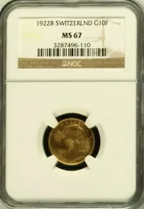 スイス、ゴールド 10 フラン 1922 B - NGC MS 67、レア 2