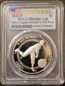 2022-P プルーフ ニグロリーグ記念銀貨（プライビー付き） PCGS PR69DCAM FS