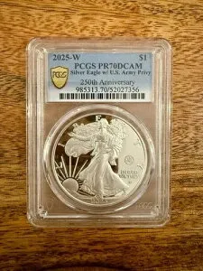 2025-W $1 シルバーイーグル 米軍枢密250周年記念 PR70DCAM PCGS ゴールドシールド-