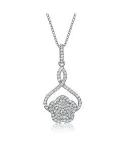 ジュネヴィヴェ レディース アクセサリー ネックレス・チョーカー・ペンダントトップ Genevive Sterling Silver White Gold Plated with Cubic Zirconia Flower Shape Dropendant Silver シルバー