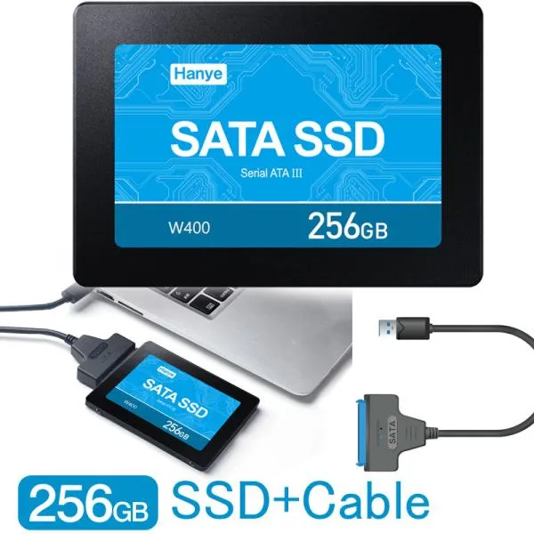 Hanye製SSD 256GB 内蔵 2.5インチ SATAIII 6Gb/s R:520MB/s 3D Nand 高耐久TLC アルミ製筐体 + SATA-USB3.0変換ケーブル 国内3年保証・翌日配達
