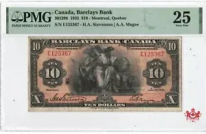 1935 年 Barclay's Bank Canada $10 Magee E125367 - PMG VF25 --