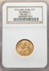 ベルギー、ゴールド 20 フラン 1914 ポジション B - フランドル - NGC MS 65 、、、レア 5