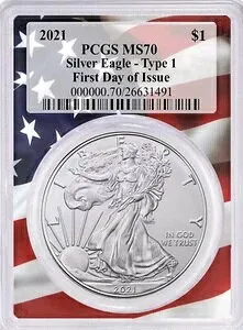 2021年 シルバー アメリカンイーグル PCGS-MS70 T1 FDOI USA FLAG #105501-22