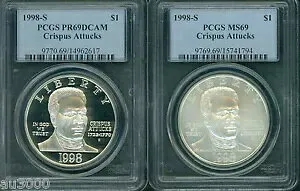 1998-S クリスパスがシルバー ドル PCGS MS69 & PR69 PF69 を攻撃 (2 コイン セット)