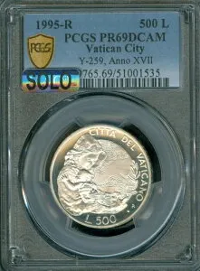 1995 R バチカン シルバー 500 リラ ジョン ポール II XV1 PCGS PR69 DCAM MAC SOLO FINEEST