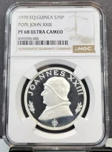 1970 EQ ギニア シルバー 75 ペセタス 教皇ジョン XXIII NGC PF 68 ウルトラ カメオ レアジェム