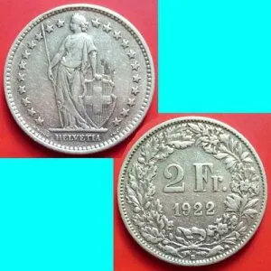 スイス Swiss Suisse 2 フラン 1922 B km 21 銀 Argent Silber 0.2684 オンス