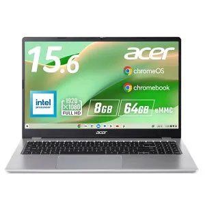 Acer Chromebook 315 クロームブック N50 8GBメモリー 64GB eMMC 15.6インチ フルHD 16:9 非光沢 13.5時間駆動 1.59Kg HD Webカメラ スライドカバー付 WiFi 6E Bluetooth 5.3 デュアルスピーカー H1 TPM 急速充電 日本語