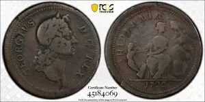 1722年 1/2ペニー ハイバーニア ロックス 右 PCGS VG 詳細 希少 コロニアルコイン