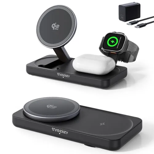 【Apple公認・MFi・Qi2 25W公式認証】THREEKEY 3-in-1 ワイヤレス充電ステーション｜iPhone 17/16/15/14/13/12・for Apple Watch・AirPods対応｜折りたたみ式高速充電スタンド｜1.5m編み込