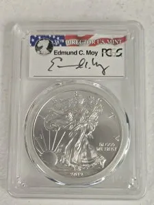 2012-W バーニッシュド シルバー イーグル コイン、PCGS グレード SP70、エドマンド C. モイのサイン入り