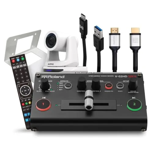 Roland PTZ シングルカメラバンドル V-02HD MK II ストリーミングビデオミキサーとAViPAS AV-2020 20x PTZカメラ、ホワイト