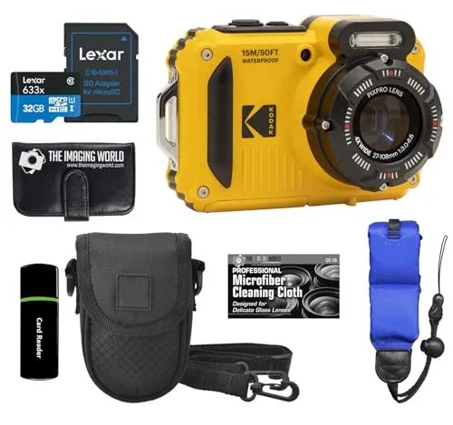 Kodak PIXPRO WPZ2 頑丈 防水 耐衝撃 防塵 WiFi デジタルカメラ 16MP 4倍光学ズーム 1080P フルHD ビデオブログカメラ 2.7インチ LCD (イエロー) + 32GB カード + ケース + フローティングストラップ