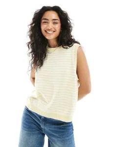 エイソス レディース トップス タンクトップ コントラスト ニット ASOS DESIGN knit tank top with contrast blanket stitch in yellow stripe Multi マルチカラー