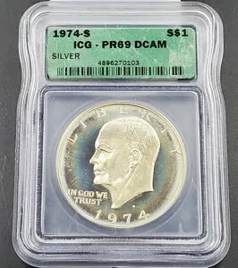1974 S $1 アイゼンハワー ブラウン アイク 40% シルバー PR69 DCAM ICG PQ * レインボー トーニング トーン