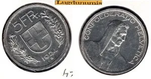 スイス 5フラン 1924 B シルバー SUP - スイス スイス -