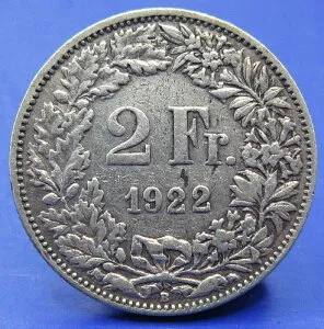 スイス シルバー 2フラン 1922年 ミントマク B