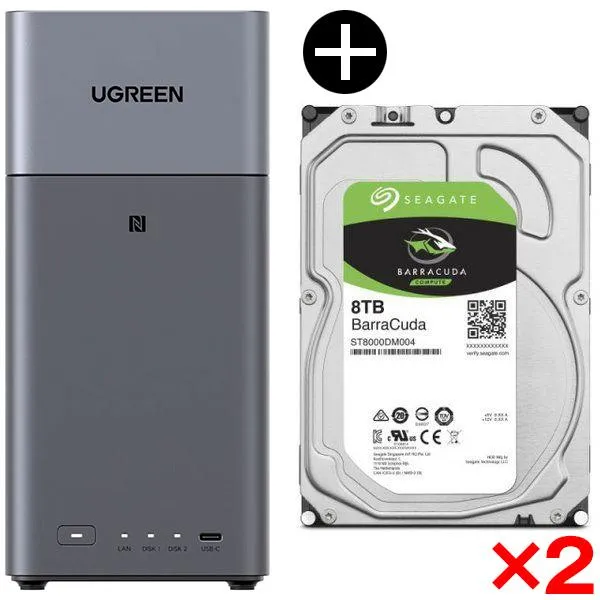 UGREEN DH2300 NASync NAS (2ベイ) + Seagate ST8000DM004 BarraCuda 3.5インチ内蔵ハードディスク (8TB) ×2 ※バルク品 セット
