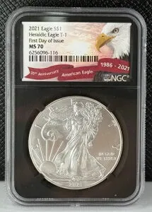 2021年 シルバーイーグル T-1 紋章付きイーグル 発行初日ラベル NGC MS 70 (116)